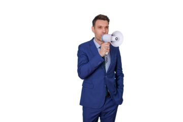 Businessman making an announcement with a megaphone, communicating important messages for marketing and promotion on transparent background