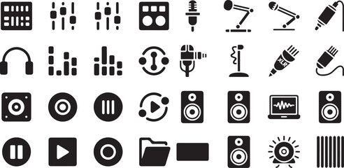 Audio production and music studio icon set. Containing mixing consoles, microphones, headphones, volume sliders, equalizers, XLR cables, speakers, and recording software interfaces.