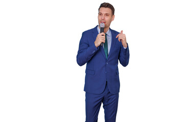 Presenter with a confident posture engaging an audience while communicating a message. Transparent...