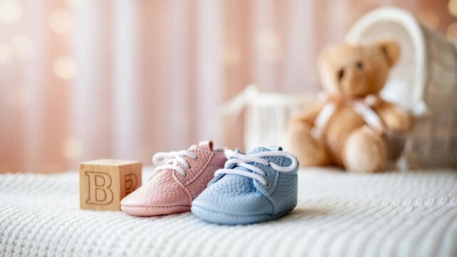 Pink and blue baby shoes rest on a soft knitted blanket in a warm nursery setting. A wooden alphabet block and a plush teddy bear sit nearby and evoke early parenthood and cozy newborn care