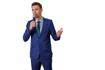 Man in blue suit giving speech or presentation, holding microphone, speaking passionately with gesture on transparent background