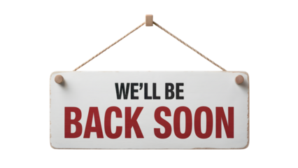 A white sign with red and black text hanging on a rope