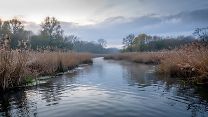 Serene River Morning with Mist & Reeds - Tranquil Nature Landscape