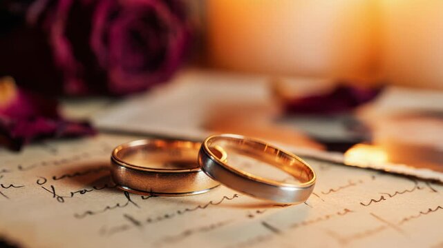 Wedding rings rest on a handwritten love letter surrounded by rose petals and warm candlelight. Soft shallow depth of field and warm tones convey romance and nostalgia for engagement or anniversary th