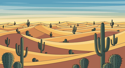 A vibrant cartoon illustration of a vast desert landscape with numerous saguaro cacti and rolling sand dunes under a clear blue sky.