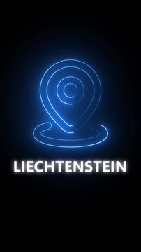 Blue neon glowing location pin icon with the word LIECHTENSTEIN in white text on a dark background