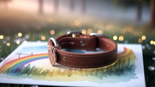 Brown leather dog collar with an engraved heart tag lies on a watercolor card with a rainbow and pine forest illustration. Soft bokeh lights and grass surround the scene, suggesting outdoor warmth and