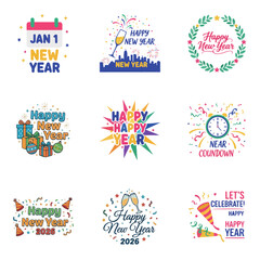 set of happy new year text vector design, new year, vector, design, label, icon, set, illustration, christmas, vintage, sign, sticker, symbol, sale, holiday, decoration, banner, art, gift, tag, food