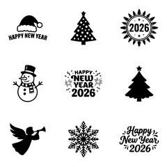 set of New year black and white icon vector design, new year, vector, design, label, icon, set, illustration, christmas, vintage, sign, sticker, symbol, sale, holiday, decoration, art, gift, tag, food