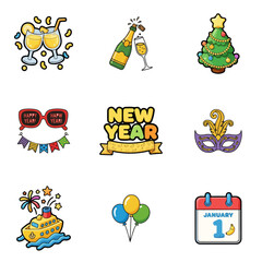 set of New year icon vector design, new year, vector, design, label, icon, set, illustration, christmas, vintage, sign, sticker, symbol, sale, holiday, decoration, banner, travel, art, gift, tag, food