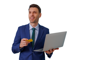 Businessman making online payment with credit card and laptop, shopping, banking, and e-commerce on transparent background