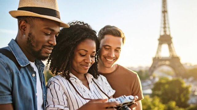 Friends Taking Photos in Paris with Eiffel Tower