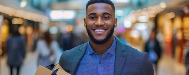 Holding shopping bags in mall.