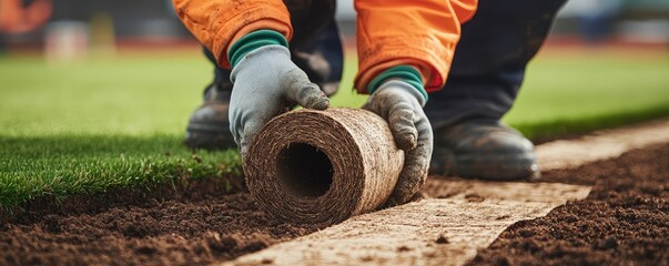 Laying sod on fresh soil.