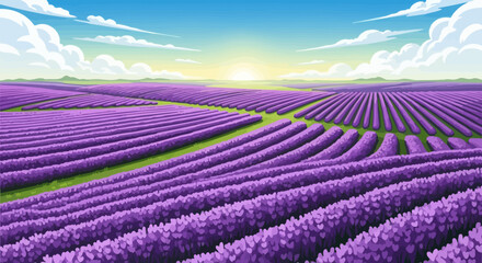 Vast lavender field under a bright blue sky with a rising sun, showing rows of purple flowers stretching to the horizon.
