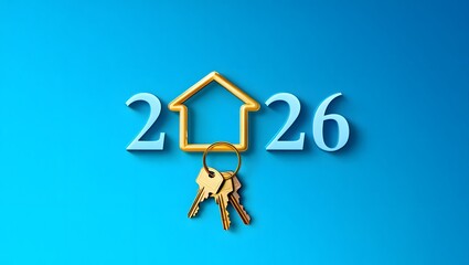 Creative 2026 New Year design template with golden keys and an abstract house symbol. 3D render illustration for a greeting card or banner.