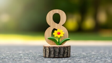 International women's day celebration with a wooden figure with a yellow flower on a tree stump outdoors