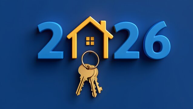 Creative 2026 New Year design template with golden keys and an abstract house symbol. 3D render illustration for a greeting card or banner.