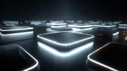 Floating shapes create a clean futuristic interface in a dark space