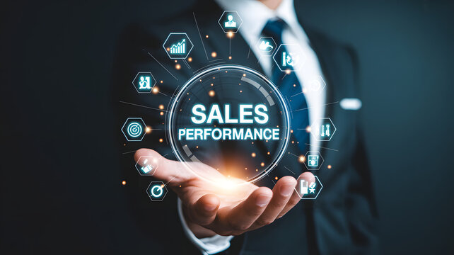 Sales performance dashboard with financial growth analytics and marketing icons held by businessman for revenue tracking and business strategy - Powered by Adobe