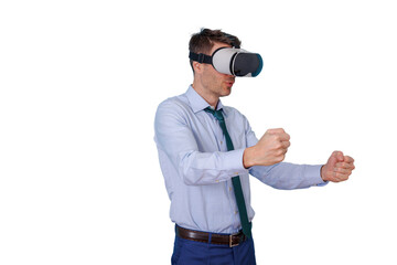 Businessman experiencing virtual reality gaming simulation with immersive vr headset, driving in a digital metaverse environment