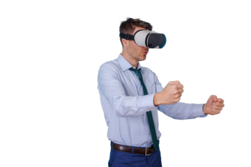 Businessman experiencing virtual reality gaming simulation with immersive vr headset, driving in a digital metaverse environment