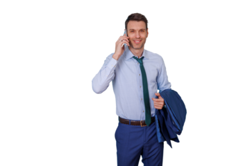 Professional man having a conversation on his smartphone, holding his suit jacket, representing modern business communication