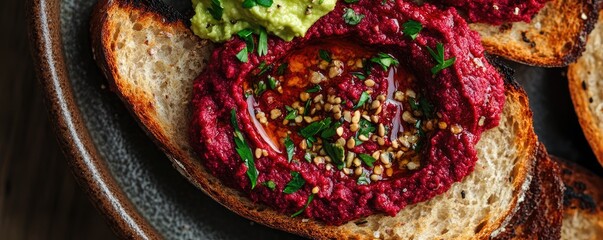 Colorful hummus varieties with toppings on bread.