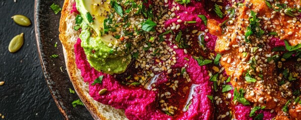 Colorful hummus varieties with toppings on bread.