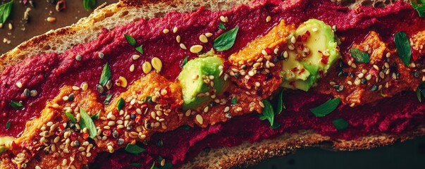 Colorful hummus varieties with toppings on bread.