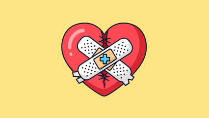 A broken heart symbol with bandages on a yellow background.