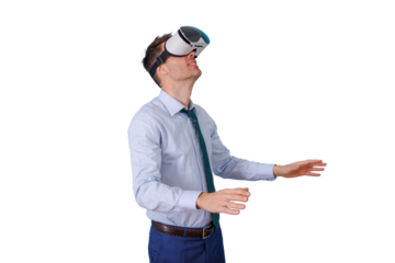 Man wearing a vr headset, looking up and reaching out, exploring a simulated digital environment. Transparent background