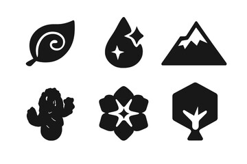 Nature Icons Collection. Solid vector icons of nature and shapes: leaf with spiral, raindrop with star, mountain triangle, cactus