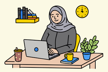 Muslim woman working at a laptop remote work	