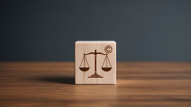 Scales of justice icon on wooden block for legal services and fair competition in intellectual property.
