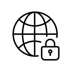 Global security icon, Outline Internet lock icon. Minimalist global security icon showing a globe with a padlock, representing internet safety, data protection, online privacy. Vector Illustration