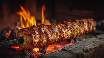 A person cooks meat skewers over an open fire at a barbecue gathering. Flames rise as the skewers rotate creating smoke in the air during a warm afternoon.