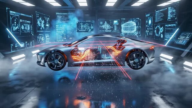 Electric vehicle chassis reveal with glowing battery motors and holographic diagnostics inside high tech industrial lab cinematic motion