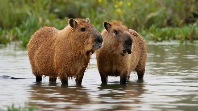 Two large brown capybaras standing peacefully in the shallow waters of a lush tropical wetland environment, exhibiting their calm nature amidst a scenic natural landscape