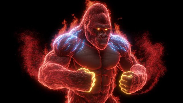 Gorilla glows with fiery neon fur and electric energy currents around a powerful muscular stance. Dark background emphasizes glowing outlines and intense eye highlights. Composition suits gaming, fant