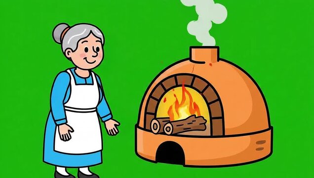 Woman adding firewood to clay oven  vector cooking animation green screen  video