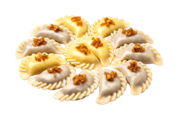 Pierogi dumplings, a classic Eastern European comfort food, are artfully arranged in a circular pattern and garnished with savory fried onions.