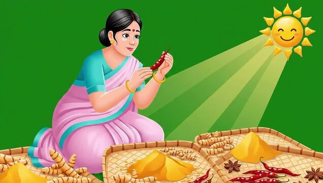 Woman checking turmeric and spices drying in sun vector animation on green screen