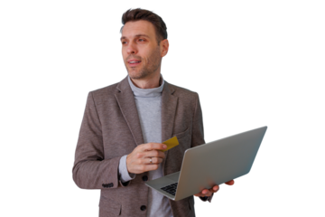 Man paying online with a credit card and laptop. E-commerce and financial technology concept. Transparent background