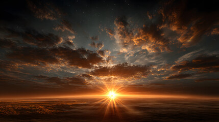 Wide empty sky with glowing sun near horizon 