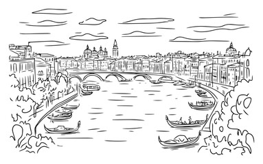 Historic European city river view vector sketch. Old town landscape with bridges and boats in line art style.