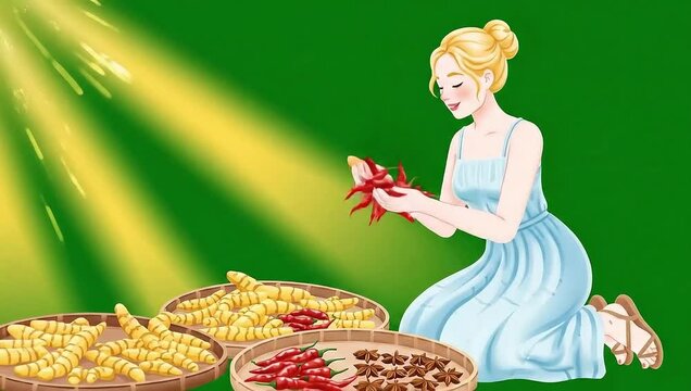 Woman checking turmeric and spices drying in sun animation vector on green screen