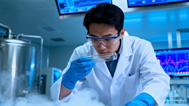 Scientist handles cryogenic materials in a laboratory with stainless steel tanks and dense vapor. He wears protective goggles and gloves while monitoring temperature and samples during cold storage an