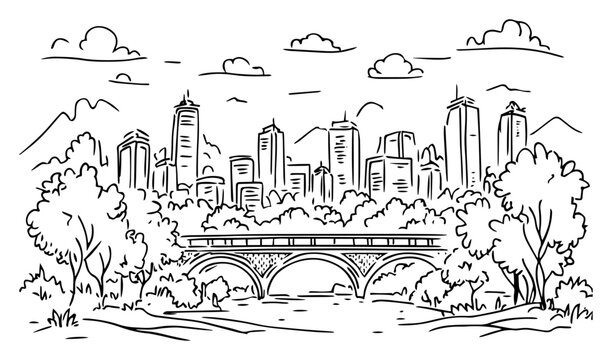 Stone bridge in city park vector sketch. Urban skyline background with trees and river landscape illustration.