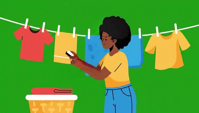Woman folding dried clothes from clothesline vector animation on green screen